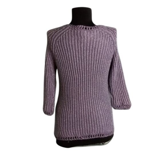 Chicos Size 1 M 8 Purple Metallic Knit Sweater Scoop Neck 3/4 Sleeves Ribbed - Picture 4 of 10